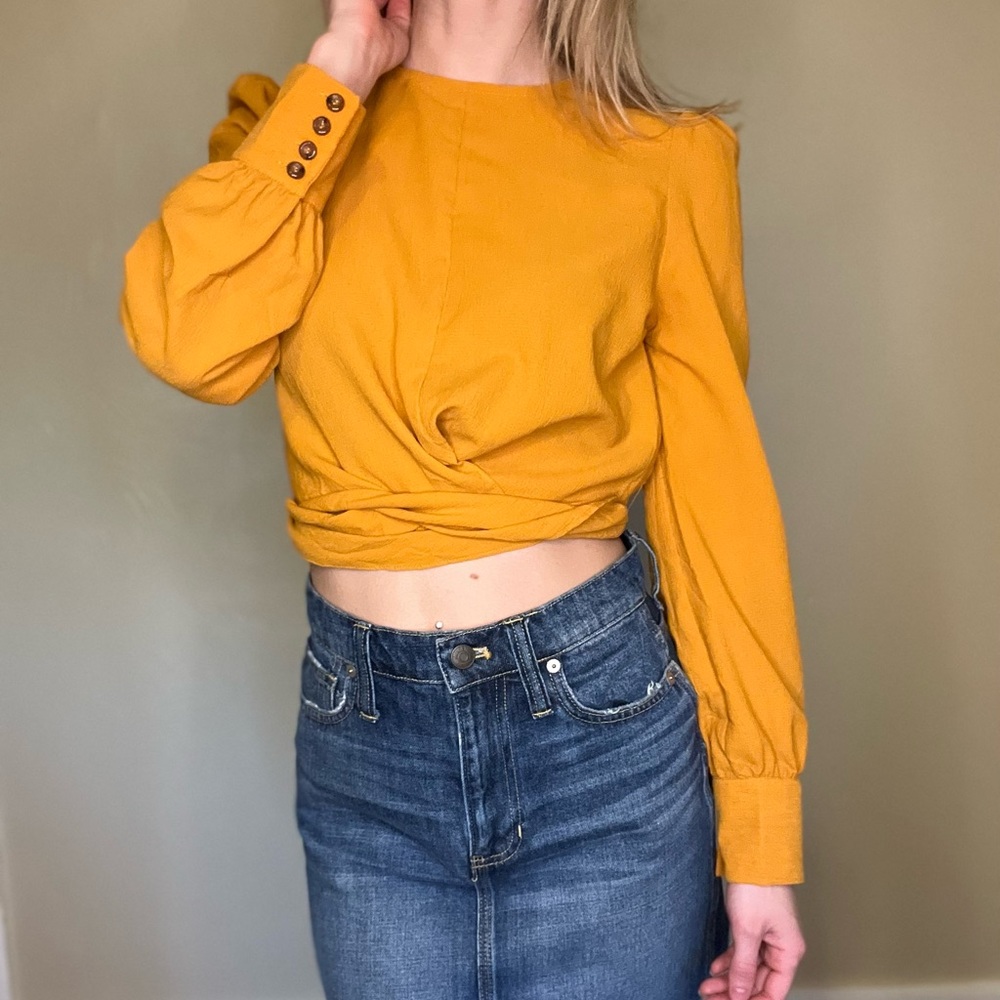 J.O.A. orange yellow crop backless wrap top